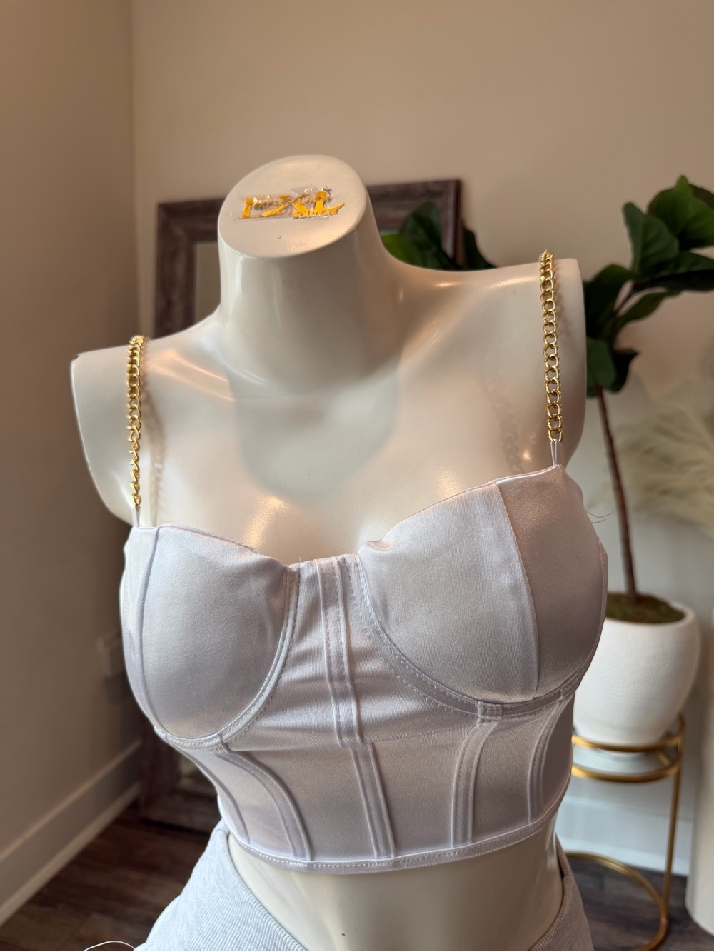White Satin Bustier Crop Top with Gold Chain Straps